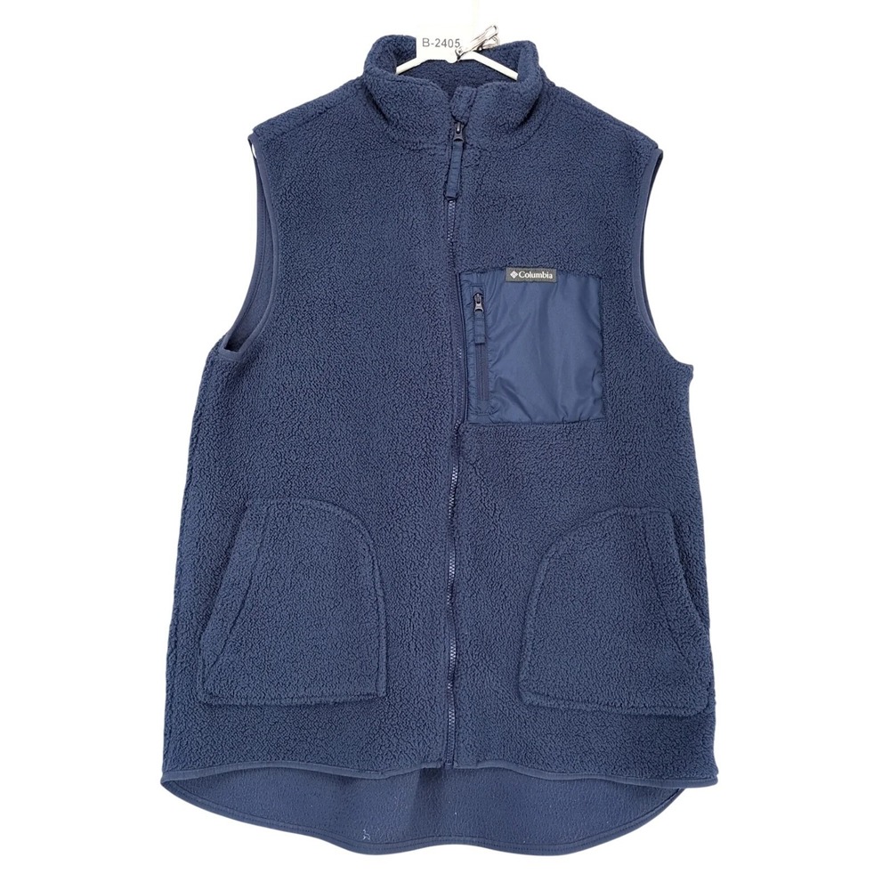 Columbia Holly Hideaway Navy Sherpa Vest Womens L High Low Hem Gorpcore Coastal